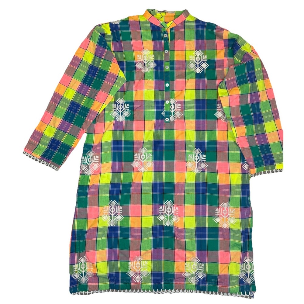 Khaadi Kurta Tunic Womens 12 Pink Multicolor Plaid Embroidered Cotton Colorful